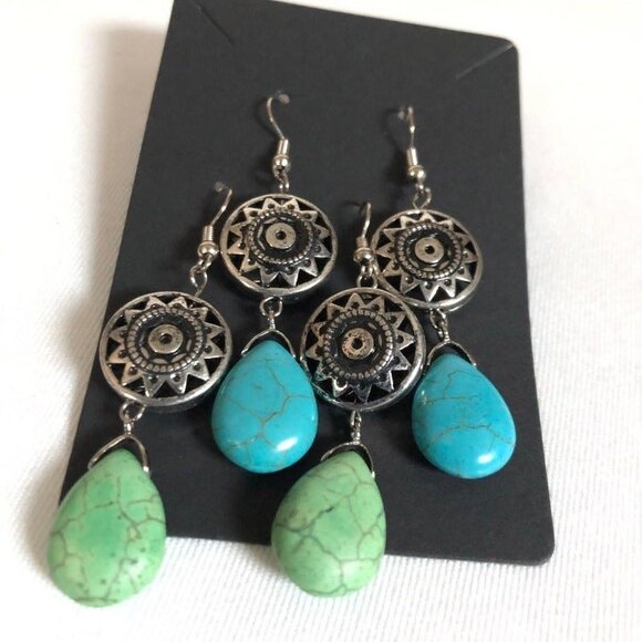 Silver Mandala Stone Dangle Pendant Pierced Earrings 2 Pairs Green Blue - Picture 2 of 5